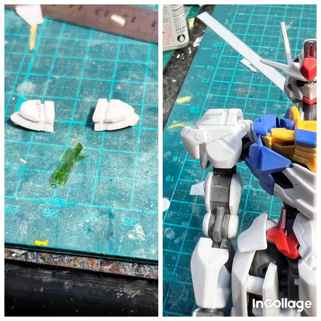 次は設定画より薄く感じた肩の上部アーマーにプラ板で厚みを加えました。側面の肩アーマーも少し削って丸くしています。これで肩ラインが優しくなり、大張作画な印象が緩和した様に思います。