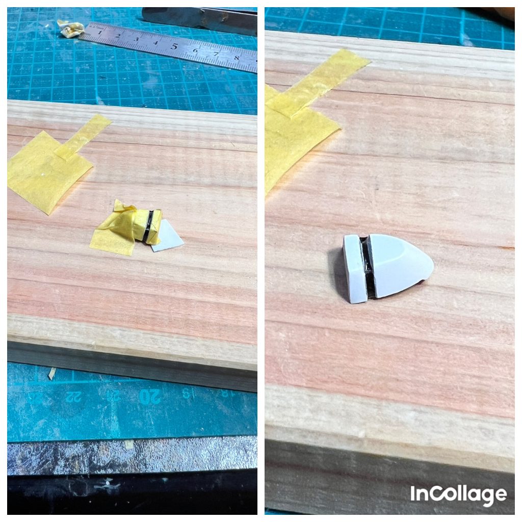 上部肩パーツは延長で溝のラインが付属のシールでは寸足らずだったので、ミラーフィニッシュをクリアブラックで塗装して貼りました。その上からレジンを流し込み偽クリアパーツの完成です。以上で改修点の説明を終わります。関節構造もデザインも複雑でここら辺しか弄れませんでした😅