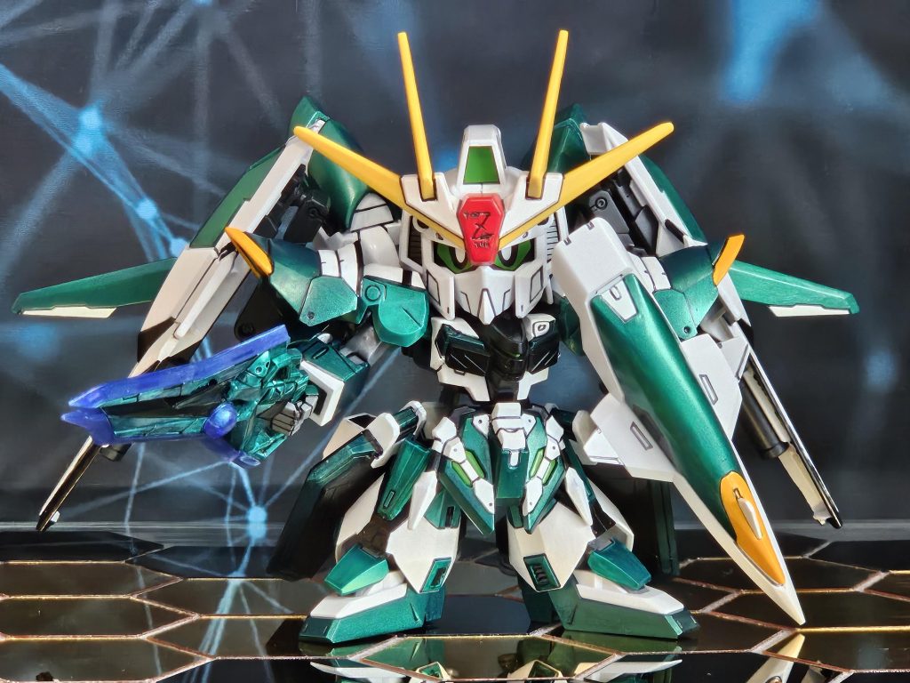 クロスシルエットZガンダム+メテオホッパーにジャンク品を寄せ集めて飛行タイプに仕上げました。足等合わないジョイント部分はいつものようにボールジョイントで繋いでます。配色 メタリックグリーン クールホワイト ブラック ジャーマングレー等グリーンチーム リーダーとして活躍