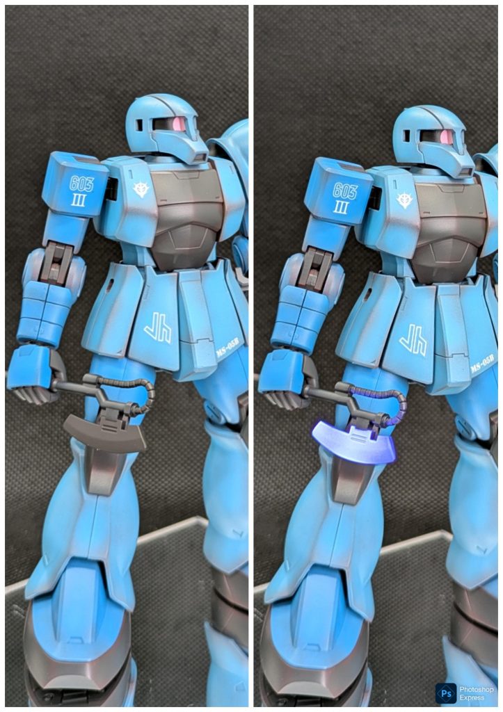 ヒート兵器の未発熱状態のことを考えてました。懸架してるのにオレンジとか黄色なのはちょっと気に入らないなと。熱に強い系の色味にするか、熱伝導が高そうな色味にするか。今回は熱に強そうな色でメタリックグレーにした上から蛍光クリアーして、発熱状態も再現できるようにしてみました。