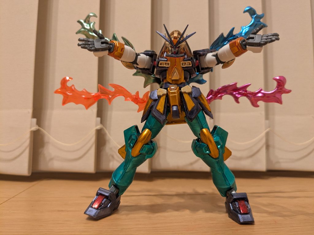 扉解放!隠岐奈の本気モードをイメージして。ビルドバーニング系の炎エフェクト4本を使い、成型色1つ、メタリックイエローグリーン、メタリックピンク、メタリックブルーで1つずつ塗装して装着し、隠岐奈のオーラをイメージしてみました。やっぱり炎エフェクトいじるのは面白いです!