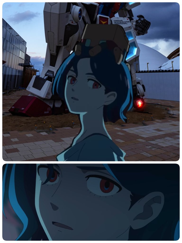 至る、現在…シュウジから何か閃きが出た。シュウジ「こいつを“白く”塗れと、ガンダムが言っている。」ニャアン(え、これ以上どう白く塗るの!!?)マチュ「よくわかんないけど、何かわかった!」ニャアン(!?)  現実(万博ガンダム)対虚構(白いガンダム)