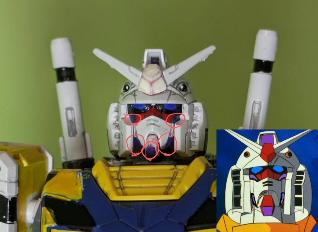 ガンダムのアイカラーはブルーに変更。ガンダムの顔をよく見ると目の下と下顎にデュアルアイ、チンガードにサブカメラを増設。原作に合わせると右下の様になる。これで前面のカメラが8つと人身獣面の怪物イメージになった。(原作正面図の方がカッコイイなんて言うなよ!)