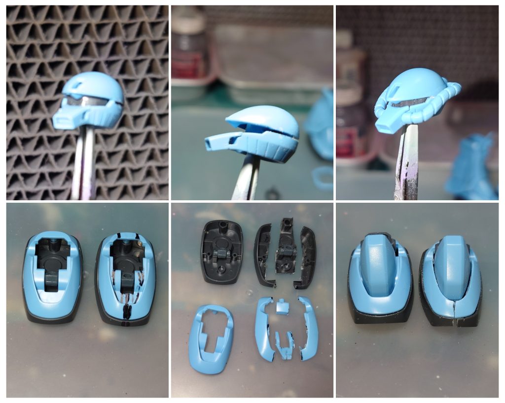 幅詰め作業頭部:合わせ目で上下1mmちょっと削って潰れ気味にしました足首:左右3mm幅詰め。グレー部と水色部を接着せず個別に切り出したので一部切り過ぎて穴が空いてしまい…ヒートアイゼンでランナー溶着してなんとか埋めました💦