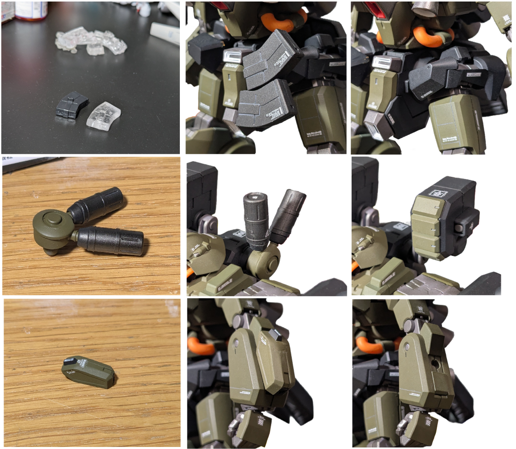 作成物・マガジンはレジンで成形(後ろの山は失敗作)中に磁石を埋め込み取り付けるようにしました・タンクは水星キットからツギハギ作成、ボールジョイントで取り付ける方式にタンク部にもボールジョイントを入れたのである程度可動出来ます・腕パーツもジャンクパーツから、こちらも磁石を埋め込みました