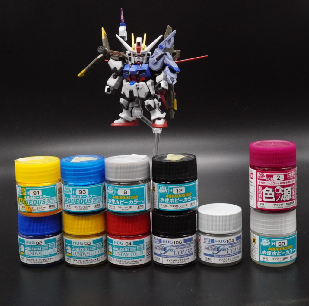 使用した塗料です。主に半光沢の水性ガンダムカラーを使用。トップコートはしていません。