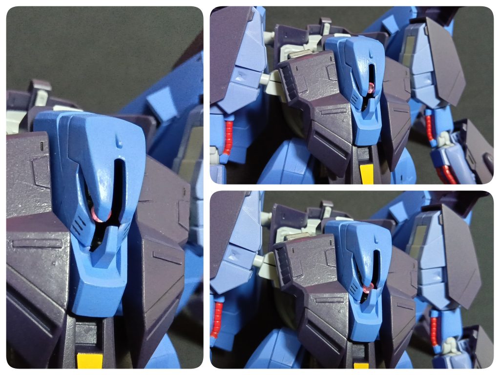 まずは、まともな改修点から。モノアイ可動化しました。ちょいちょいプラ板でディテール追加しましたが、筆塗りなので?汚くなっちゃいますね(zaku-kao4)