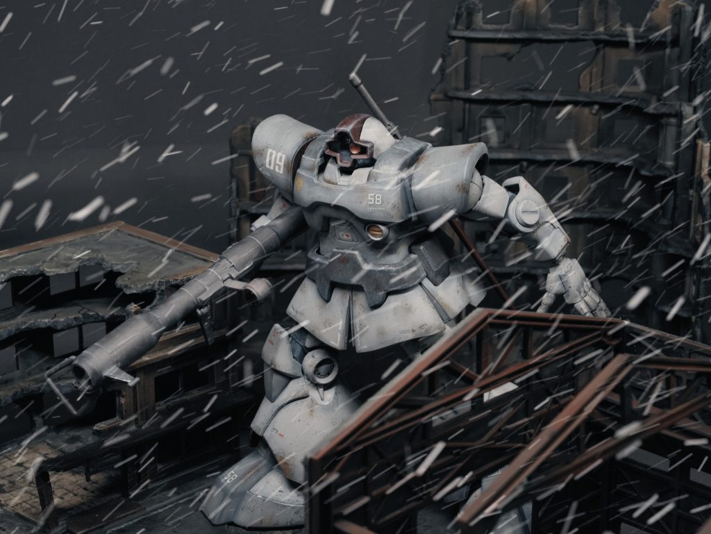 雪が降り出した市街地に侵攻するドム。街に全然雪が積もってないけど、そこはツッコまないで(笑)