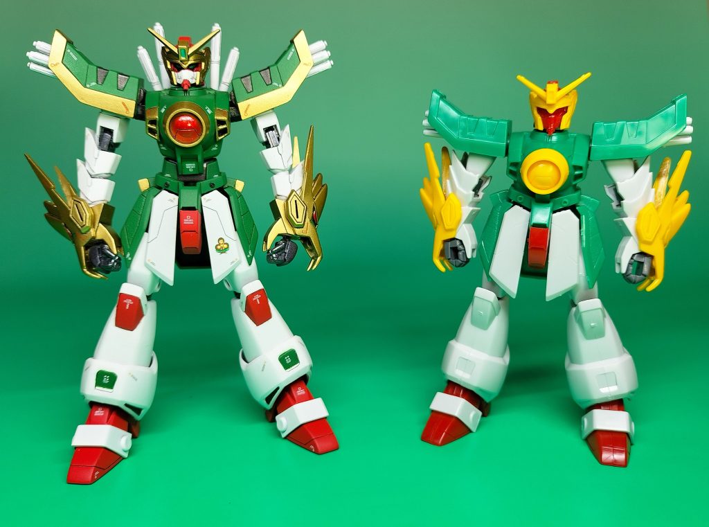 キット素組みとの比較。デカくなりましたが、HGFC各機やRGゴッドと並べるとちょうど良いです。塗装は缶スプレーです。