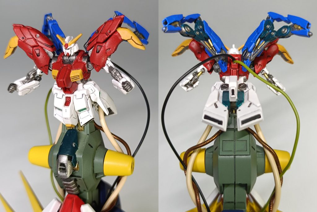 上部のガンダム部分はガンダムアーティファクトのHiニューガンダムをベースにミキシングして製作しました。首と肩、肘は可動化してあります。