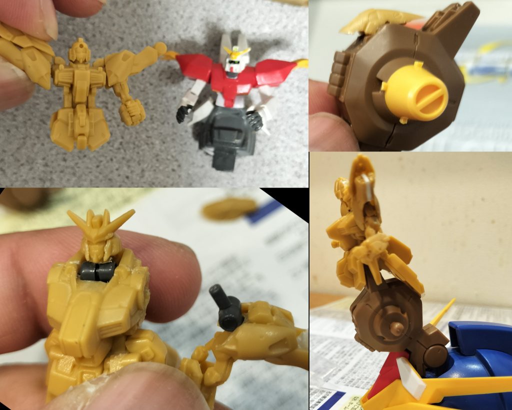 きっかけは上のガンダムの劣化から。経年で塗料がベタ付いて来ていたので、交換するネタを探していた時に、ちょうどアーティファクトを製作していて、サイズ感的に行けそうだなと。適当にミキシングし、頭部、胴体はHiニュー。腕部、背部の羽はマークII、肩部はWガンダムやトールギスからミキシングしてます。ガンダムヘッドとのジョイントにはHGエルフブルックの腰部を使用しています。