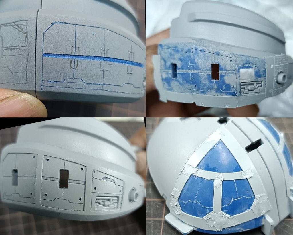 下のガンダムヘッドのディテールアップ。最初は筋彫りで誤魔化すつもりでしたが、高低差を出したくなり、上面に来る面には0.3mmプラ板を貼り付け。開口部を作りディテールアップパーツを仕込みました。アンテナ、フェイス部分等は、浅いモールドの彫り直しと、塗装をしたのみです。