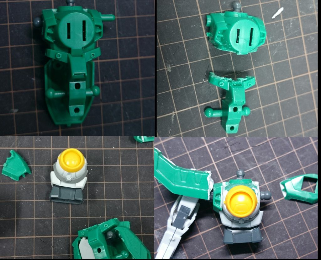 まず、上半身からですが、キットは胸部から腰部までが一体構造なのでそれを分割しました。そしてHG Oガンダムの胸部を芯にし、ドラゴンガンダムの胸部を貼り付け。