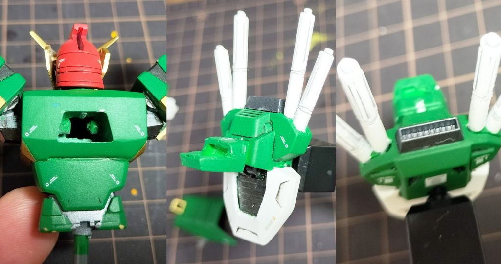 肩関節の接続軸を変更した事でコアランダーに干渉するのでコクピットをカットしています。ランダー背面に3mm穴を開けアクションベース受けにしています。（胡蝶剣再現用のエフェクトもランダーとアクションベースの差し込みの隙間に入れて固定する方式です）