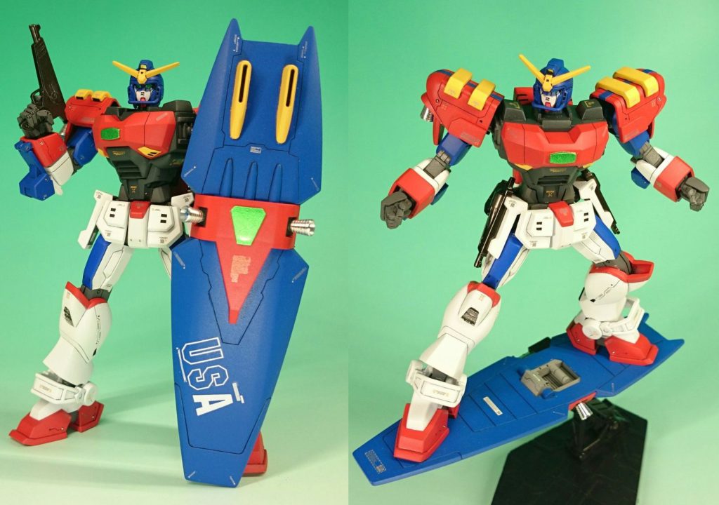 シールドは旧キットHG1/100のマックスターから拝借。モールドの追加とバーニアを外すと3mm穴があり、アクションベースに固定出来る様にしました。デカールで「USA」と貼りましたが、ネオアメリカだから「NUSA」と表記するのが正しいと後で判明。後の祭りです。内部と足の中に磁石を仕込み、サーフィン出来ます。