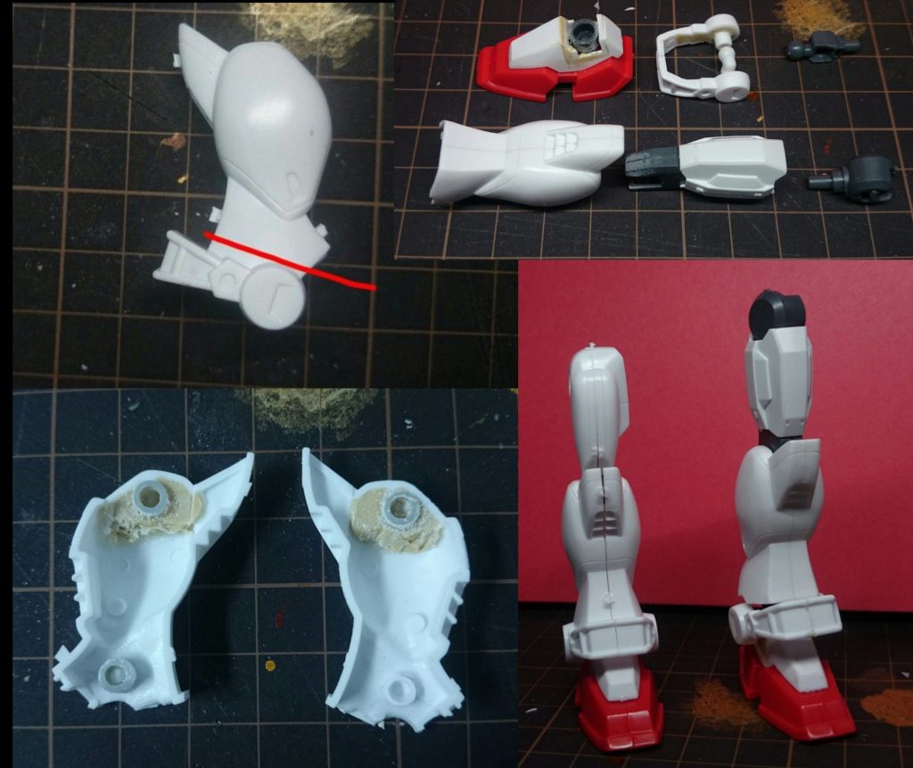 脚部この旧シリーズあるある手法ですが、一体成型のアンクルアーマーを分割し、ポリキャップ受けを作り、AGE1と融合させました。太もも部はAGE1そのままです