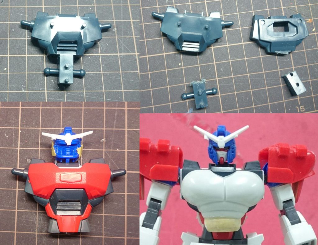 胴体部と腰部はキットでは一体構造なので分割。AGE1の下腹部と合体させ延長。それに合わせてボクサーモードの胸パーツも下に1弾筋肉を増やしています。頭部はAGE1ベースにヘルメットを小型化し、チンガードは真鍮線に置き換え。良い感じでしたが塗装直前にAGE1フェイスを紛失してしまい、旧HGUCのガンダムのフェイス部に置き換えて使用しています。