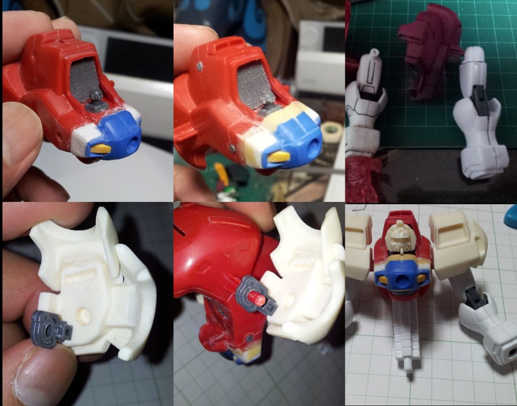 胸部はキットは小ぶりで迫力に欠けるのでHGFCシャイニングから移植。二の腕はHGFCシャイニングの太もも、これによりロール可動も可能になりました。デビルフィンガー肩はHGFCシャイニングの関節のパーツを取り付け、肩接続軸に取り付けする形式にしました。