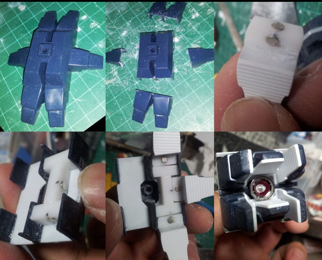 足の指も分割し、ネオジム磁石を仕込み、2方向で取り付け可能にし、変形ギミックを再現しました。