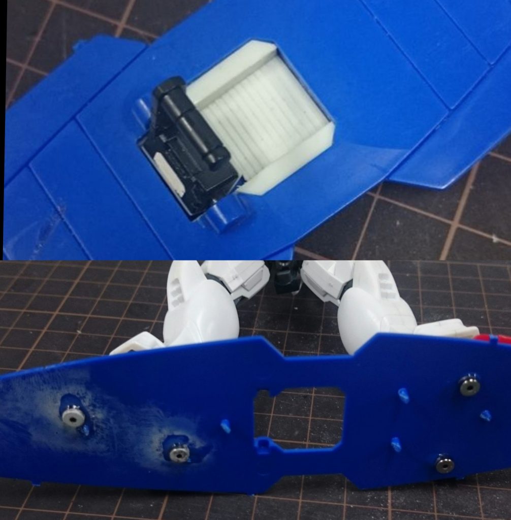 シールド取っ手部は旧HGUCガンダムのシールドから移植。裏は抜けてたのでスリット入りプラ板で塞いでいます。足内部と、シールド内部にネオジム磁石を仕込みサーフィン状態で安定するようにしました。