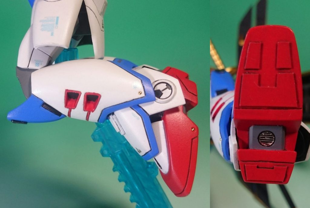 脚部は可動域が増してあり、ポージングが決まります。足首の丸いモールドはWガンダムの肩の黄色いパーツを移植してあります。足裏にテキトーにモールド追加しています。