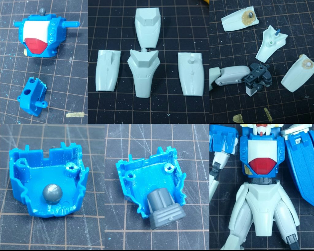 胴体部胴体もお決まりの、腰で分割。腰もガンダムXのフレームをベースにガンダムローズのスカートを接続出来る様にしました。下腹部はガンダムF91のを付けるためにPCボールを設置しました。