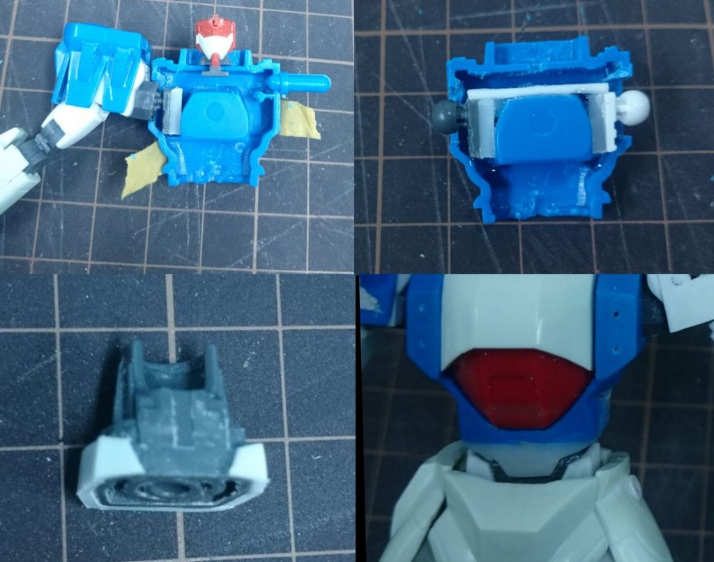 胴体続きF91肩を接続する為に受け側のボールジョイントを仕込みました。下腹部はF91のままだと細杉たのでプラ板を貼り調整しました。