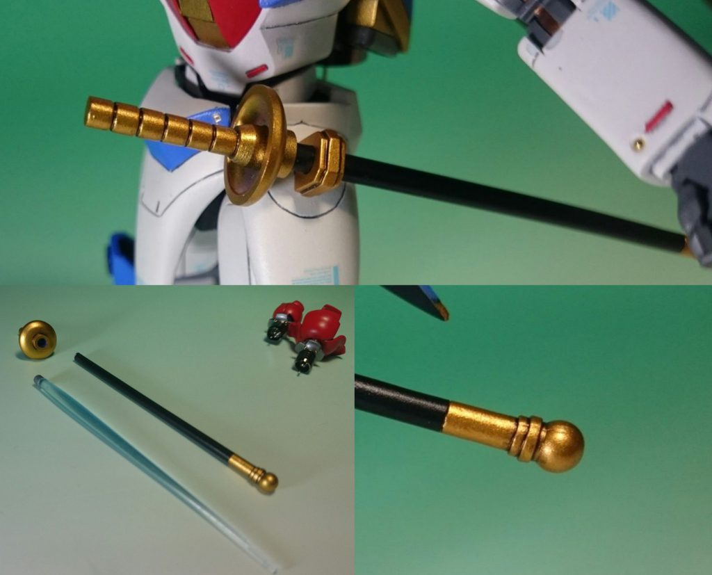 シュバリエサーベル柄はHGUCギャン(古い方)から、鞘はプラ棒で先端はボールジョイント部品です。