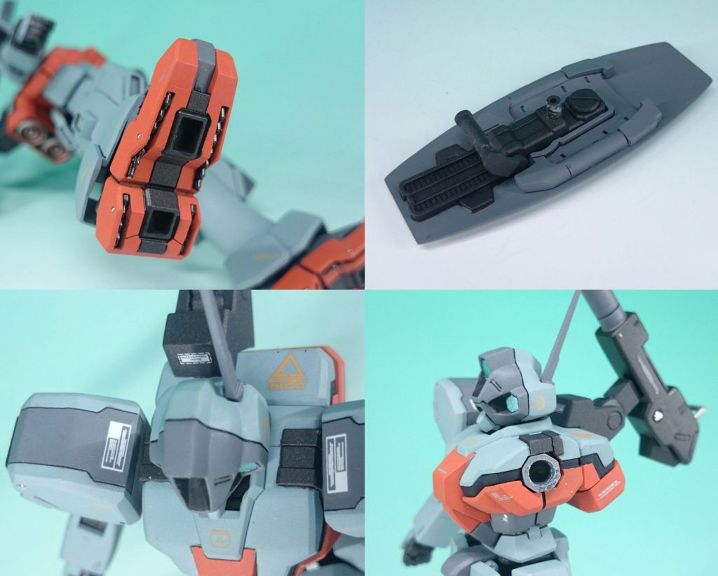 足はレオパルドダ・ビンチ、足裏は肉抜き穴にGアルケインのビームワイヤを切って仕込み、スパイクの様な構造としています(Twitterで見た技)