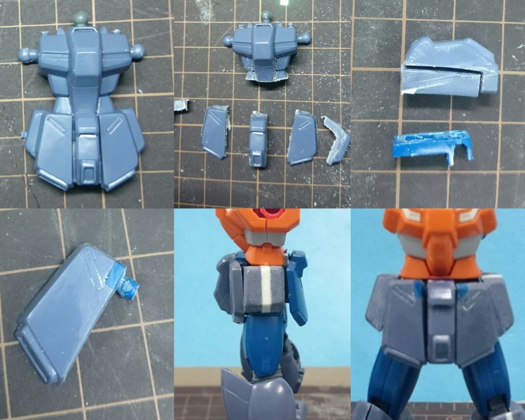 腰部胸部と一体成型の為、まずは分割。スカートも各部に分割し、F91の腰フレームに付く様にF91から接続軸を移植しています。太もも部から膝関節はF91をそのまま使用しています。