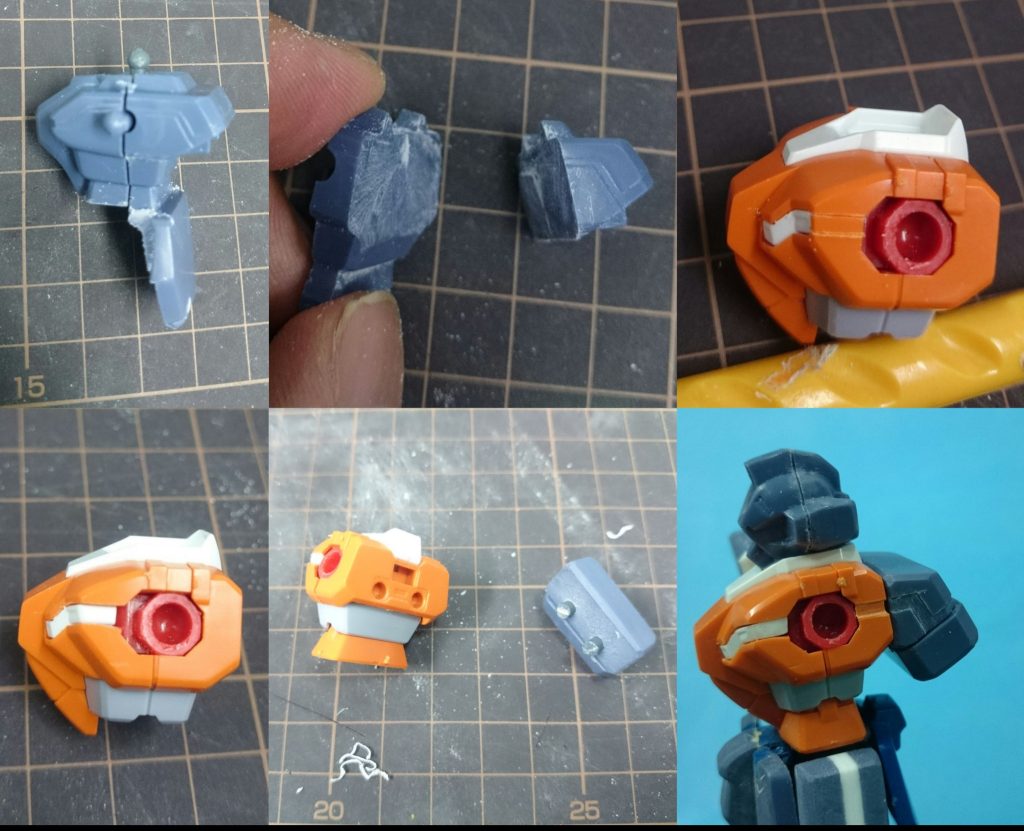 胸部なんとなく形状が似ているGアルケインを使用します。バックパックはキットから流用する為に、切断して分割。接続ピンを設けてGアルケイン背中に接続可能にしました。ドートレスは胸前から横を経由してバックパックまで繋がる黒いラインディテールがあるので再現する為にアルケイン側にラインを掘り込んでいます。