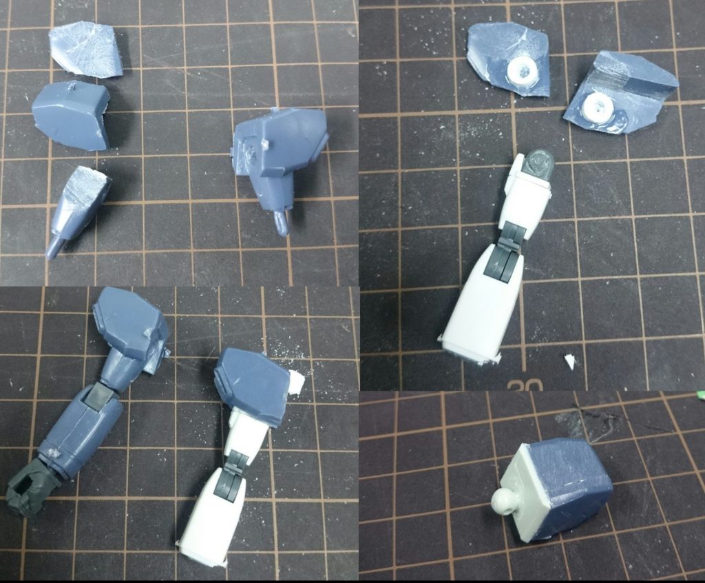 腕部キットの肩アーマーを分割しF91の腕が付く様にしました。胴体への接続としてHGUCリヴァイブ ガンダムの肩接続面を貼り付けました。