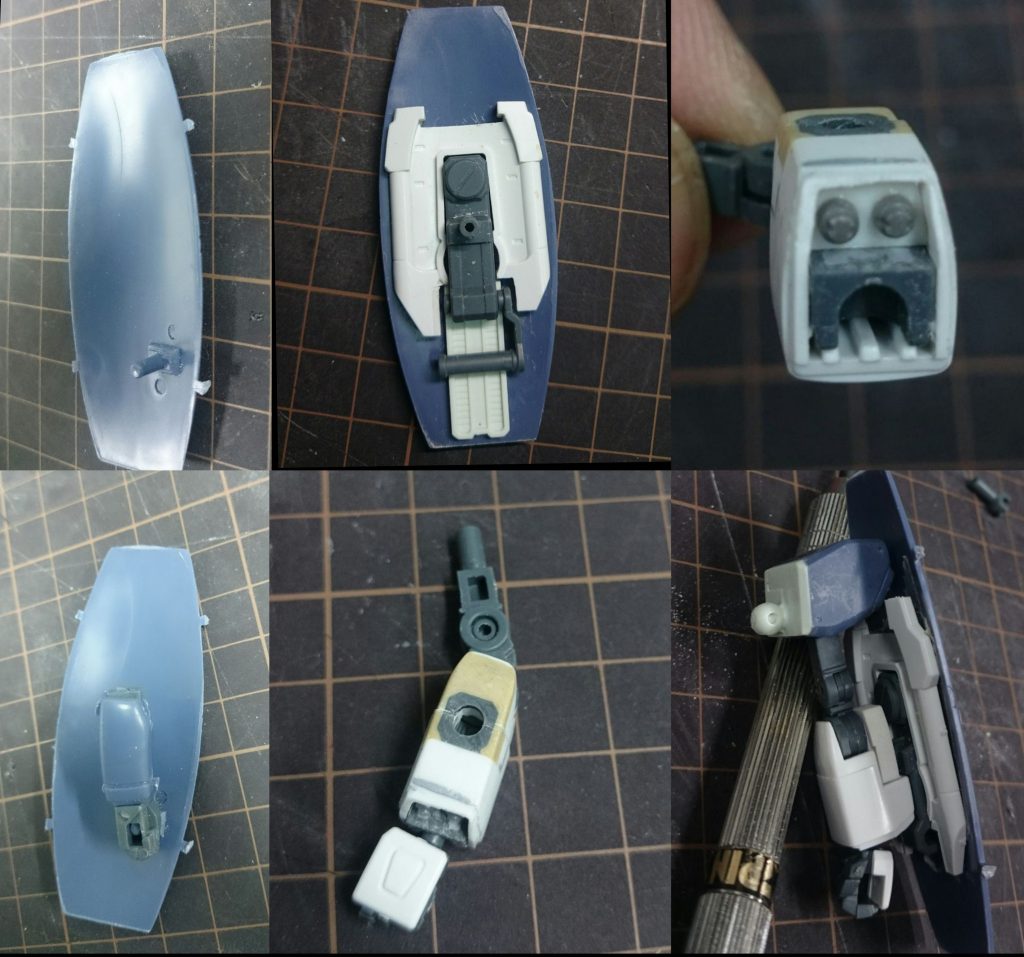 シールドキットでは棒が生えていて手に差し込む方式でしたが、当然改造をしました。ジャンクから使えそうなモールドを貼り付け、接続にはHGUCリヴァイブ ガンダムのシールド接続パーツを使いました。F91腕のビームシールド受け部をパテで埋め3mm受けを埋め込み接続します。 ついでに、手首側に変なスペースが出来てしまったのでグレネードが発射出来るという事にしてモールドを設置しました。