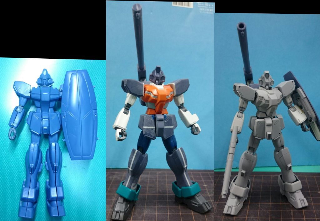 素組み、サフ前、サフ後脚周りや腰周りにある角バーニアはWAVEやコトブキヤのパーツに置換してあります。だいぶ垢抜けました。後にHGAWでキット化されましたね、どうせなら、カブらないコマンドヘッドで製作しとけば良かったです。