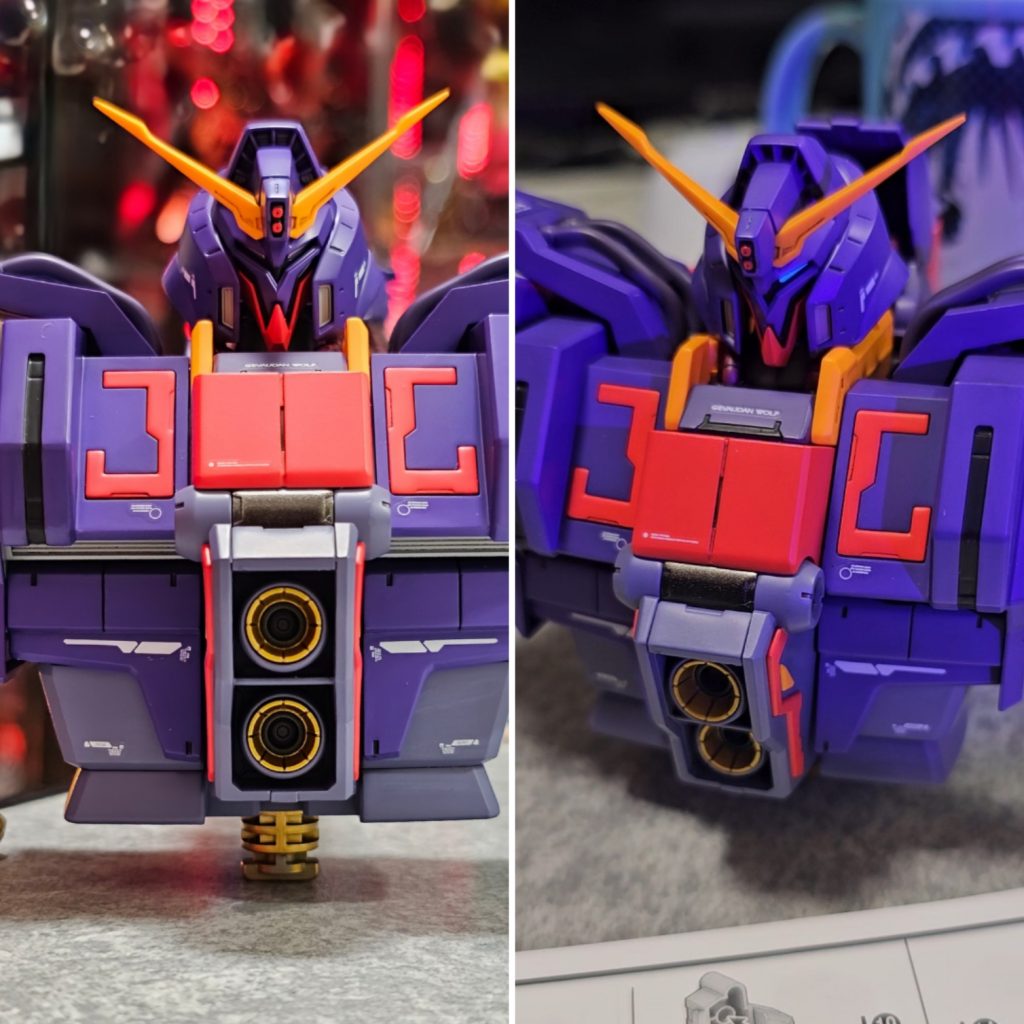 最終組み付け中。ツインアイは今回、ガイアの蛍光クリアーで仕上げています。