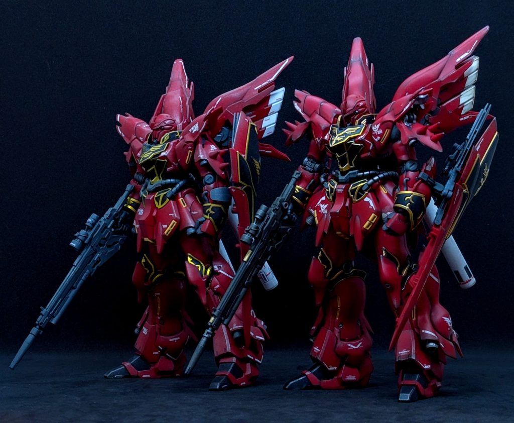 HGの方がスマート…RGの方がグラマラスな感じですね!!あとは好みですかね〜(*´ェ`*)ポッ 最後にMG…チタニウムシナンジュも加えて…