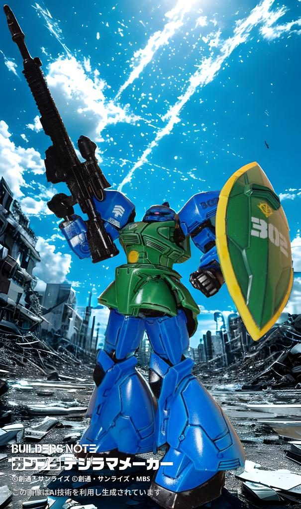 青空に青い機体が映えます　盾の大きいデカールは、コンバージのガトー専用ゲルググを参考にしました　大きいステンシル風デカールがいい味だしてますね