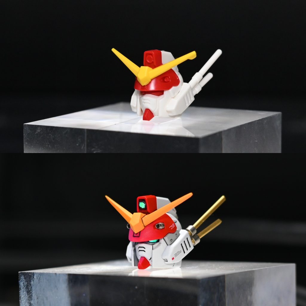 最も時間をかけたのは頭部の改修です。キットそのままだと馬面感が拭えなかったので、両頬を延長し、ヒサシを鋭角にすることで、全体的にフェイスを奥まらせて見えるようにしたことで、端正な顔立ちになったかと。また、ロッドアンテナは真鍮線とメタルパーツで作成。ギラつきを抑えるためにメタルプライマー塗布後、つや消しを吹いています。バルカンも置き換えています。