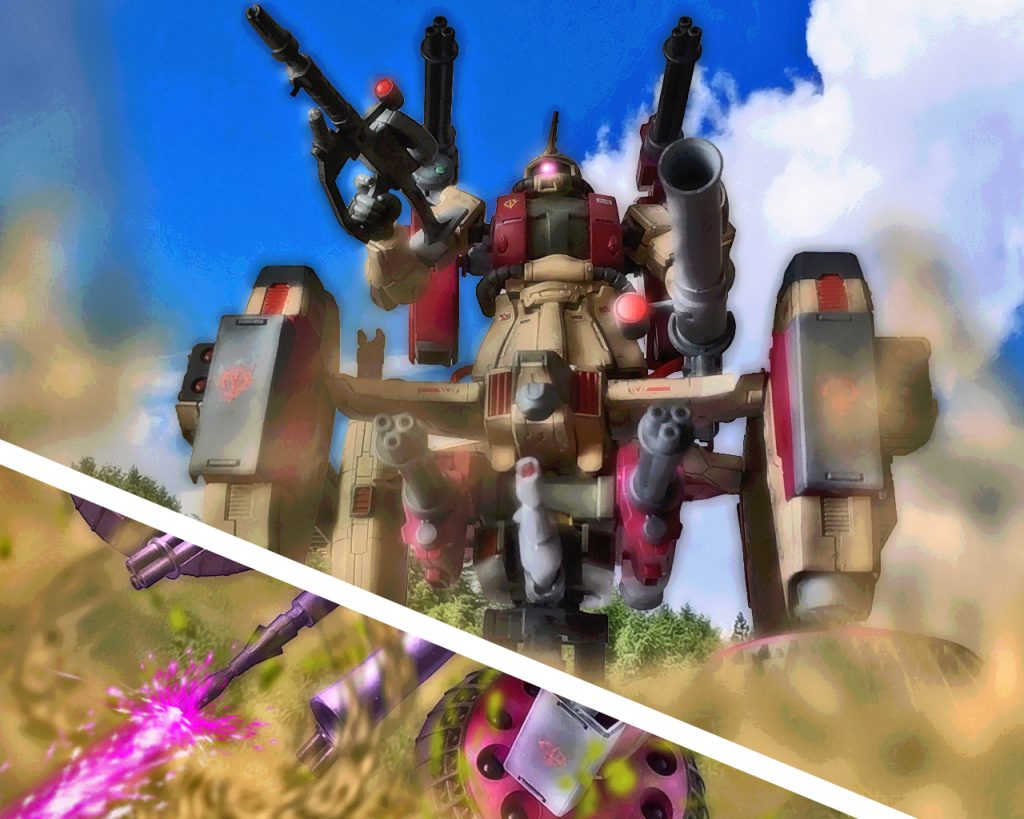 「見慣れぬMSが2機…、一つはガンダムというやつか?」MAX‐006ジヴァのパイロット、アーノルド・ネイガー少佐は、こちらに対し身構えているMSを見下ろした。2機では増援として少ないだろうとたかをくくっていたが、とんだ来訪者である。(…敗残兵ではなく、コイツらが本命か…)1機は言わずとしれたガンダム・タイプ。以前データで見た木馬の機体とはカラーリングや形状が少し異なるようだ。アーノルドは実機を初めて見るが、このタイプのMSには少なからず因縁があった。(大佐を討ち取った連邦の英雄とは、また因果なものだな…)そして全身蒼いゴーグルタイプの顔をしたMS。ジムと呼ばれている機体に似ているが、独特な存在感がある。地球連邦軍の2機はこちらを警戒しまだ仕掛けて来ない。「…なら先手を取らせてもらうっ!」アーノルドは下部メガ粒子砲の砲塔を動かすとロックオンし引き金を引いた。ジヴァは上半身こそザクⅡを流用しているが、全体の大きさは一般的なMSより倍以上あった。その巨体から放たれるビームは地球連邦軍のRXタイプの装備よりも高出力であり、凄まじい威力のまま2機に襲い掛かる。