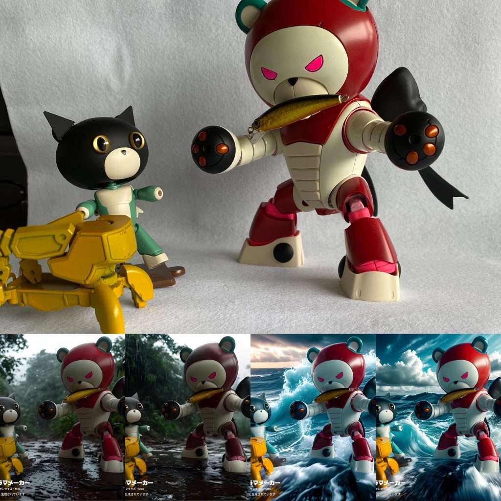 制作②(6話直後)熊→木彫り→鮭→イトウ(サケ科)!なのでママッガイはパイロットスーツをイメージしつつダイソーのルアー(イトウのつもりです)を咥えて…7話視聴。