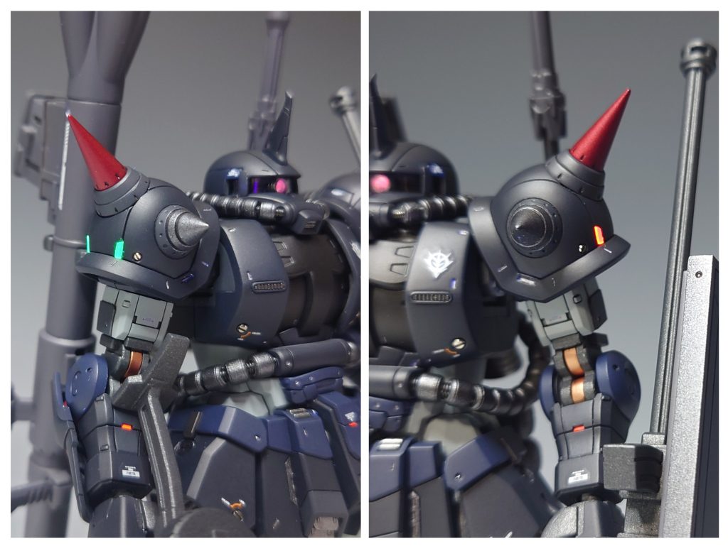 各部レッドチップはUVライトで光ります。肩のマーカーランプ?も蛍光カラーで塗装しました。