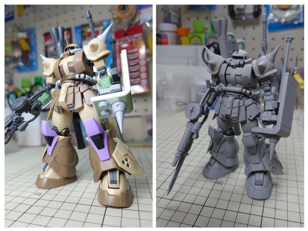 製作途中とサフ塗装後です。塗装前だと何をミキシングしたかわかりやすいと思います。膝のスラスターを彫るのが大変でした…