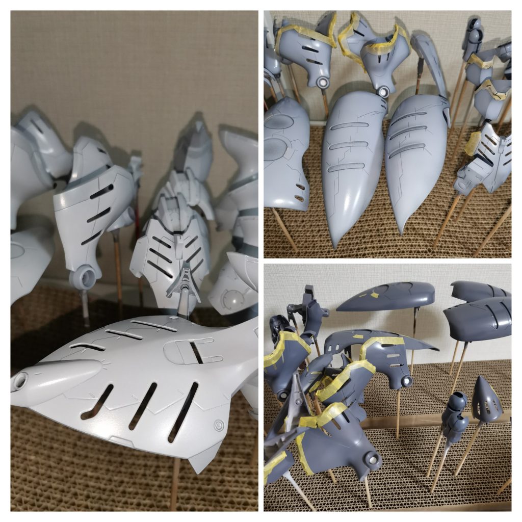 ここから一部の制作過程を写真でご説明します。メインの白パーツ塗装は濃いグレーを1層目に、2層目に薄いグレーと青紫を調色しグラデーション塗装。最後にブリュンヒルトホワイトを薄く3回吹きました。グラデや白の塗り分けは今回かなり控え目に仕上げています。