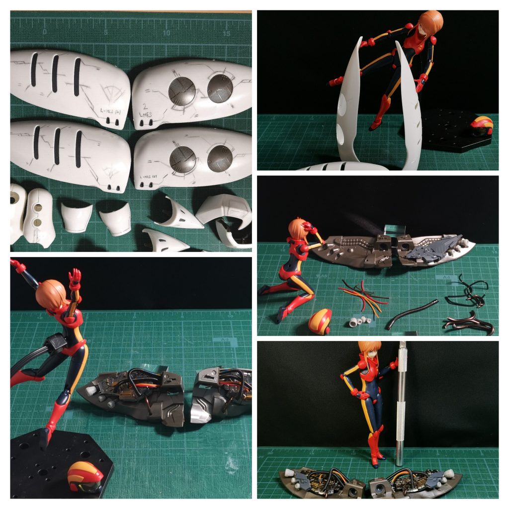 本体並の存在感を放つ肩部バインダー。パーツのフチを削って薄くしたり、形状の一部を逆R状に変更したり。裏面はスプリングやアルミパイプ、LANケーブルを使って装飾を加えました。 (下に続きます)