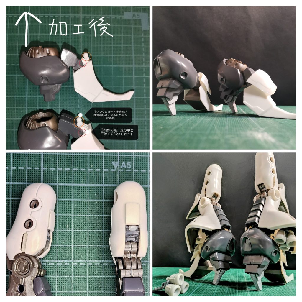 脚部も大きく手を加えた箇所です。ヒールアップと、その空間を確保するため甲部分の接続を変更しました。他にもバーニアの追加、太腿部分にスリットを入れ、細かいディテールの入ったパーツをこっそり忍ばせる等しています。