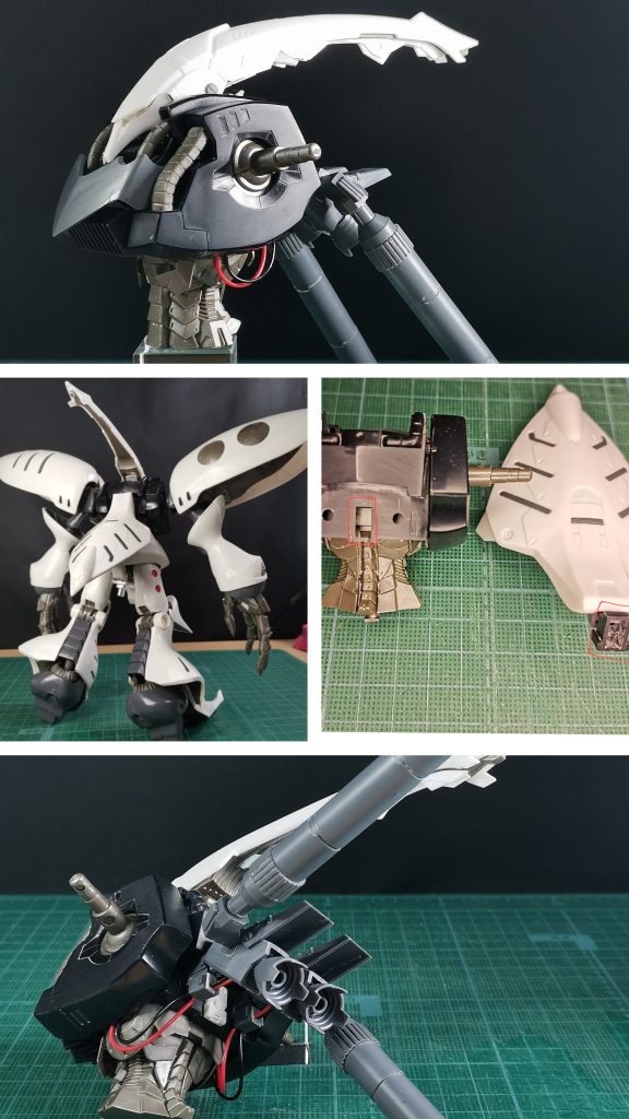 頭部〜胴体です。後頭部にフィンを追加し、ファンネルラックの接続位置を背中から腰に変更。跡地にはコトブキヤのスラスターと燃料タンク、それと動力パイプを追加しました。(下に続きます)