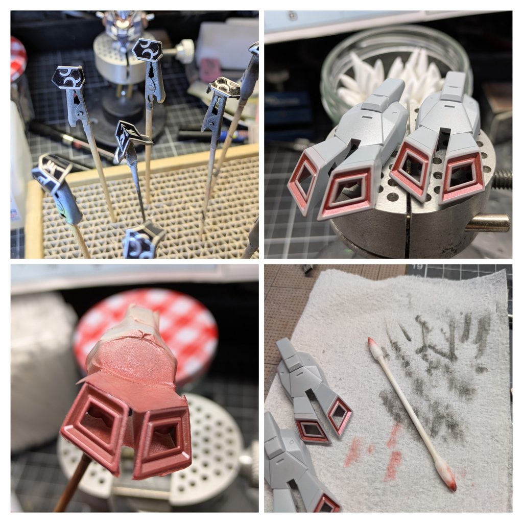 バーニア内部、エングレービング部分はエナメル塗料を吹いて縁を溶剤で拭き取るエナメルマジック法にて。拭き取る際の先端の細い綿棒はめちゃくちゃ重宝します👍️前回予告してました実車用塗料のブルーイッシュシルバーMは思ってた色と若干イメージが違いましたが😅、膝部、腰部などのサブカラーで使用しました✨あ、やっぱめちゃくちゃ臭いがキツいんでリビングモデラーさんやご家族持ちモデラーさんにはオススメできません💦