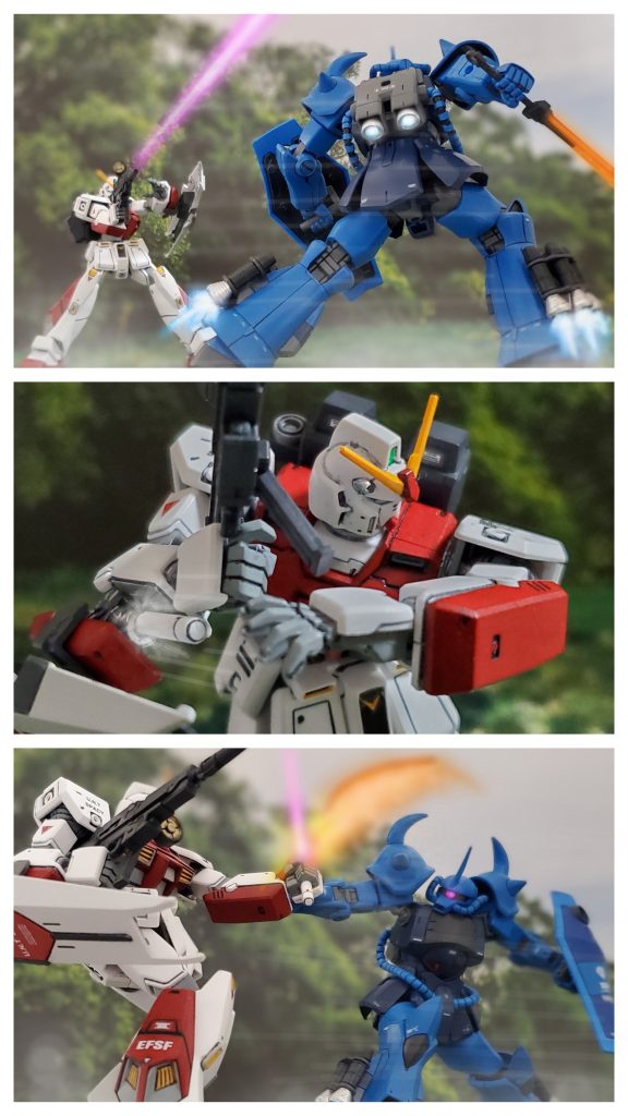 プロトNT-1の攻撃を掻い潜り接近する隊長機と思われるグフ🏃💨通常の機体とは違い脚部に追加ブースターを装備した高機動タイプ👀‼️ビームライフルを回避しながら間合いを詰めてくる😅💦急接近してくるグフに対しビームチャージが間に合わないコーティリア少尉😓💦右腕に装備されたビームサーベルを抜き、高速機動から繰り出されるヒートサーベルの斬撃を受け止める⚔️⚡