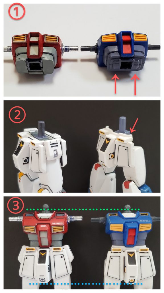 では今回の改修ポイント～🤩✨多くの方がアレックス製作の際、手掛けているのが短く見える胴回りの改修❕ですがコクピット付近の胴を延長し過ぎると胴長になり、かえって不自然に見える👀💦という訳で今回、こんな改修具合になりました😊①上半身パーツの下側の両サイドにある駆動輪？みたいのをヤスリで削り、厚さ1.2㎜のプラ板を付けて整えました～🤩✨ちょうど良い厚みで身長に変化はありません👍️②下半身の上部の前後にある腰を覆うような立ち上げパーツですが、これがあると胴部分が短く見え、さらには腰の可動域の妨げにもなる🤔❗てな訳で前後とも立ち上がったパーツを切り飛ばしました～😆✂️③これらの改修により全体身長に変化なく、私の思い描くアレックスの腰回り改修となりました🙌✨あと、フロントアーマーも左右独立して動くように改修しました🤭✨