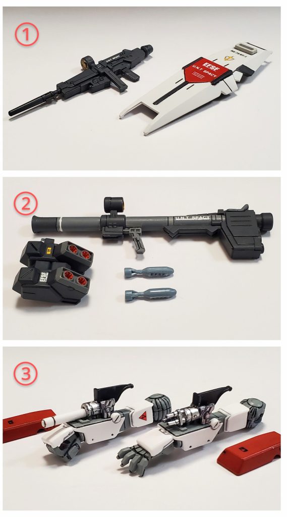 こちらはそれ以外の改修？ポイント😎✌️①装備も少し変化をかけたいと思い、まだ未組立てのプレバン品ガンダム4号機からビームライフルとシールドを頂戴いたしました🙏✨4号機と5号機はアレックスとの繋がりがある機体のようなので、違和感がないと考えチョイスしました🤭②バックパックは温存しているジムIIセミストライカーから略奪😎🎵ハイパーバズーカはスコープ付きが必要だったので、オリジン版ジムからマウントパーツごと移植です‼️また、オリジン版は弾倉裏に弾体裏のディテールがなかったので、丸パーツを付けてディテールアップを図りました😎さらに今回はバズーカ弾も戦闘描写に加えたくて、ブック◯◯で旧キットの武器セットを急遽購入しました～🤣💦③右腕アーマーがオープンした際にビームサーベル基部が露出するシーンが撮りたかったので、加工して写真のようになるよう改修❕左腕にはガトリングガン発射の際に平手にしたかったので、ジャンクの中から引き揚げました🏗️恐らくこの平手はジムコマンド系統の物です🤭✨以上、このような改修作業を経てプロトNT-1 は完成に至りました～🤩✨